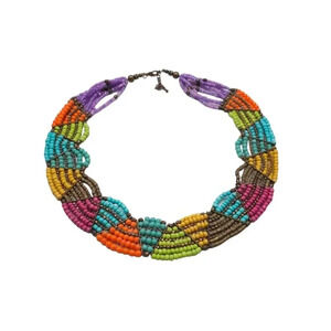 Multicolor Beaded Statement Choker Necklace Adjustable Gold Tone Vintage